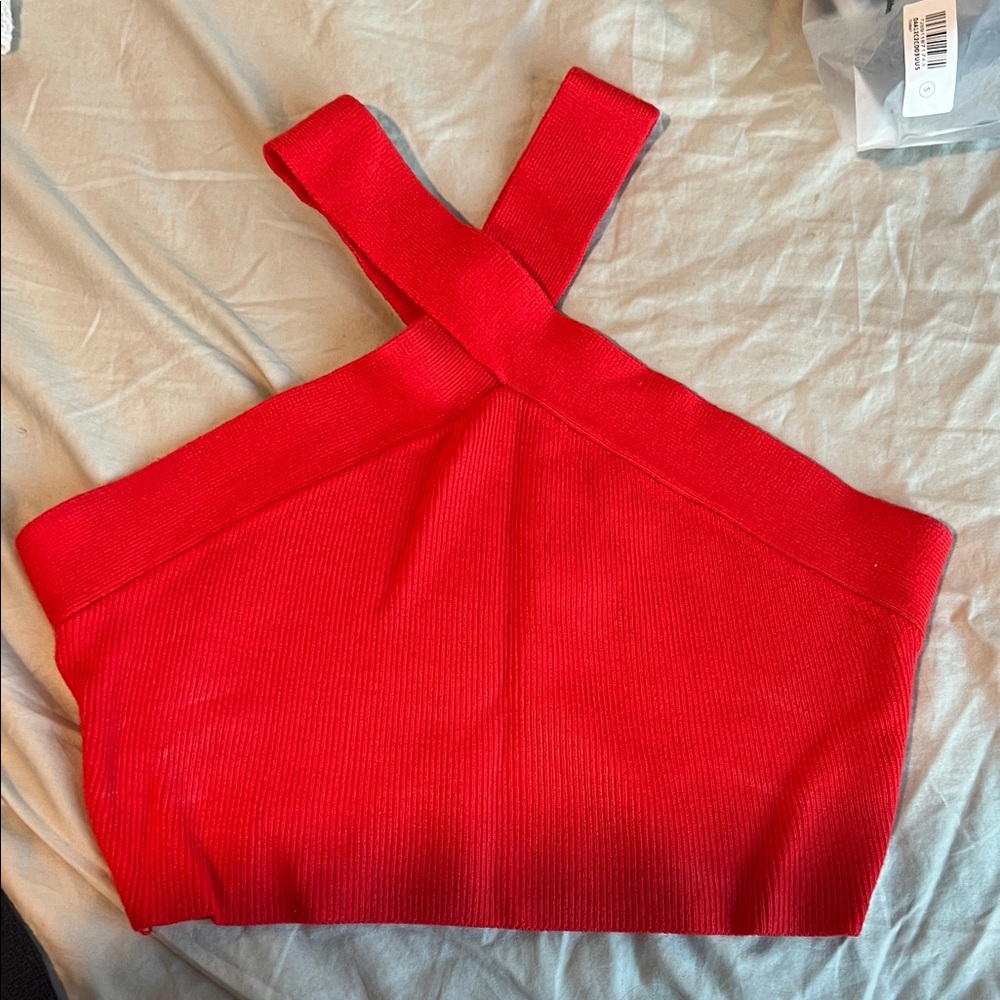House of Harlow 1960 Red Ribbed Cross-Strap Crop Top